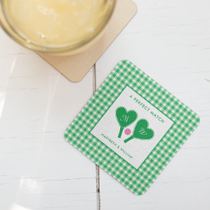 Posavasos Cuadrado De Papel Pickleball verde y rosado preppy Boda