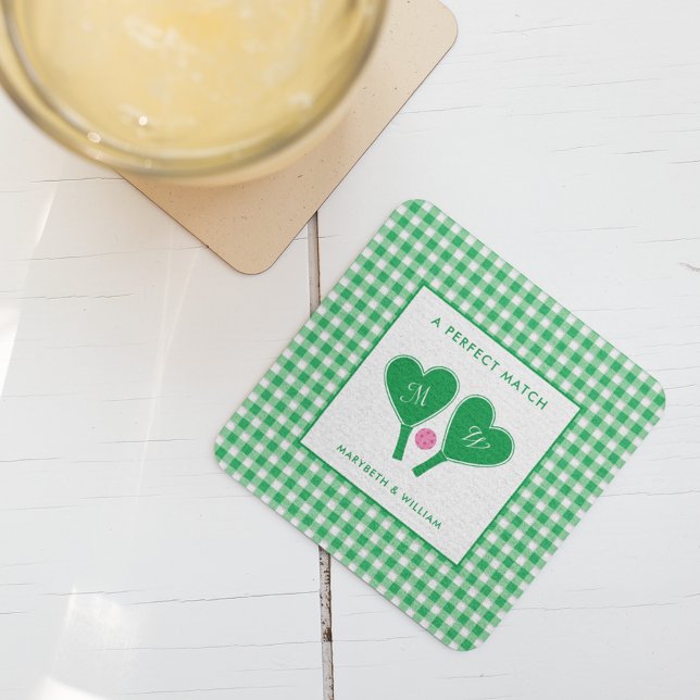 Posavasos Cuadrado De Papel Pickleball verde y rosado preppy Boda (Subido por el creador)