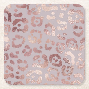 Posavasos Cuadrado De Papel Piel leopardo: elegancia dorada rosa.