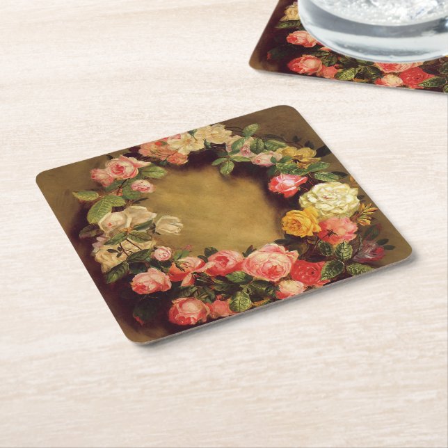 Posavasos Cuadrado De Papel Pierre-Auguste Renoir - Corona de Rosas (En perspectiva)