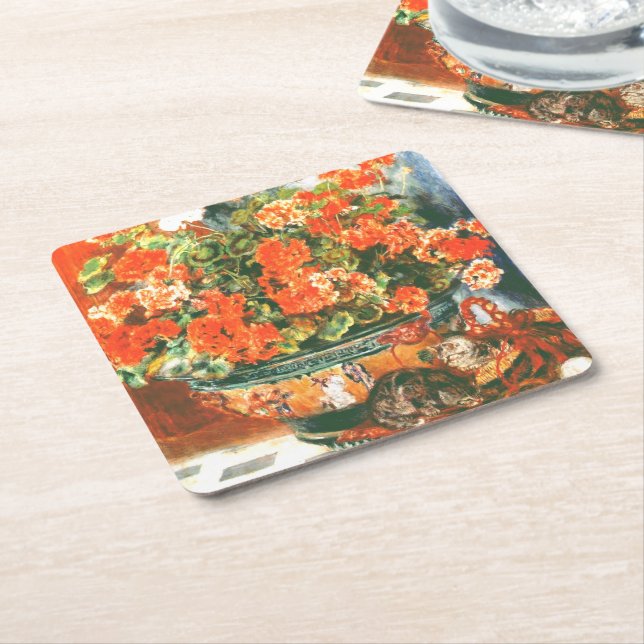 Posavasos Cuadrado De Papel Pierre-Auguste Renoir Geraniums And Cats (En perspectiva)
