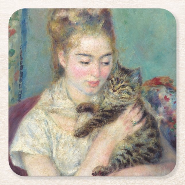 Posavasos Cuadrado De Papel Pierre-Auguste Renoir - Mujer con un gato (Anverso)