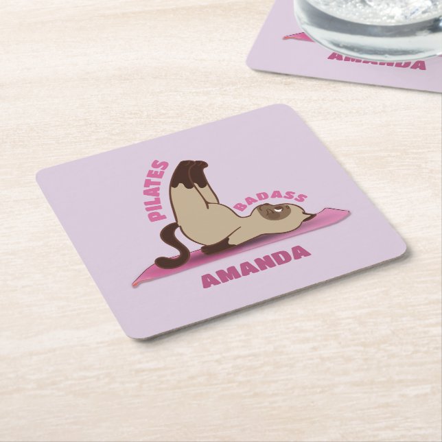 Posavasos Cuadrado De Papel Pilates Badass Workout Kitty Cat Coaster (En perspectiva)