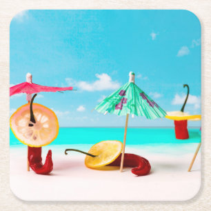 Posavasos Cuadrado De Papel Pimientos De Chili Junto Al Mar