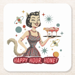 Posavasos Cuadrado De Papel Pin-Up Retro Gato Atómico   "Hora Feliz, Cariño" M