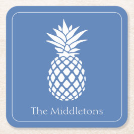 Posavasos Cuadrado De Papel Piña Blanca Elegante sobre Azul