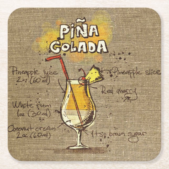 Posavasos Cuadrado De Papel Pina Colada Receta Bar Burlap (Anverso)