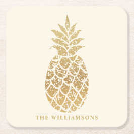 Posavasos Cuadrado De Papel Piña de oro personalizada en marfil