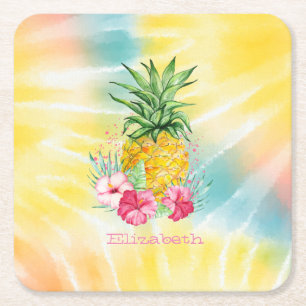 Posavasos Cuadrado De Papel Piña, Hibisco Acuarela Tie Dye Arcoíris