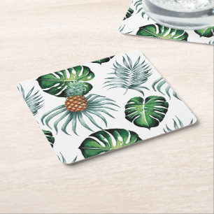 Posavasos Cuadrado De Papel Piña Patrón de acuarela de frutas y hojas tropical