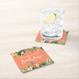 Posavasos Cuadrado De Papel Pincel Script Tropical Coral Floral Beach House