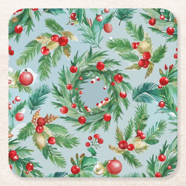 Posavasos Cuadrado De Papel Pine Tree Berry Swirls (Anverso)