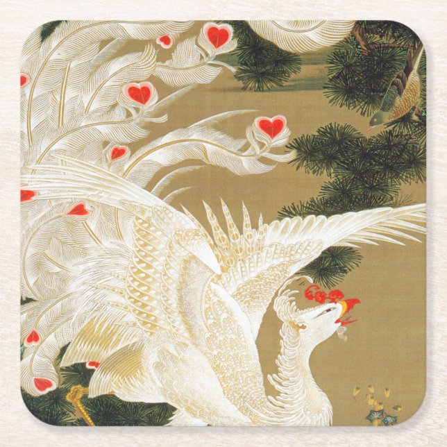 Posavasos Cuadrado De Papel Pine Tree & Phoenix (Love Heart Phoenix), Jakuchu (Anverso)