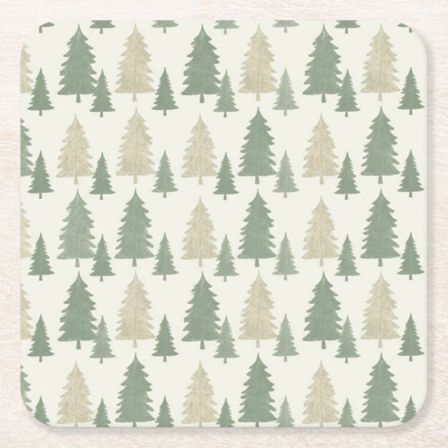 Posavasos Cuadrado De Papel Pine Tree Silhouette Christmas Pattern (Anverso)