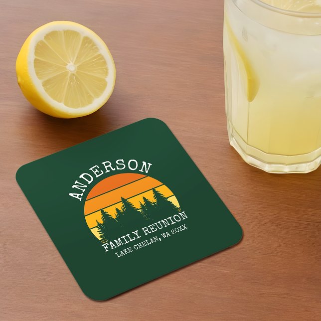 Posavasos Cuadrado De Papel Pine Trees de Reunión Familiar Verde Abierto (Customize to change text size or text style.)