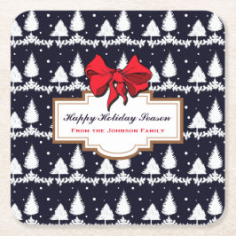 Posavasos Cuadrado De Papel Pine Trees y la familia Feliz Navidad