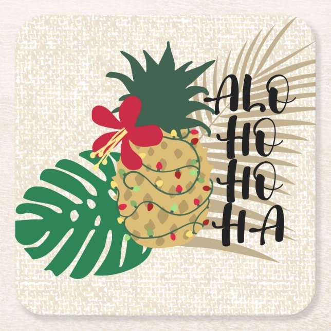 Posavasos Cuadrado De Papel Pineapple tropical hawaiana ALO-HO-HA (Anverso)