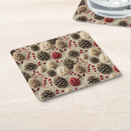 Posavasos Cuadrado De Papel Pineconas de invierno y Berries rojas