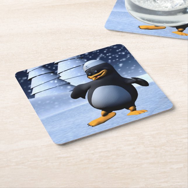 Posavasos Cuadrado De Papel Pingüino bailando (En perspectiva)