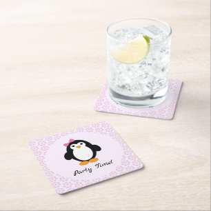 Posavasos Cuadrado De Papel Pingüino Chica de tiempo fiesta