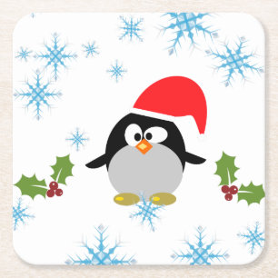Posavasos Cuadrado De Papel Pingüino de vacaciones con copos de nieve Astras c