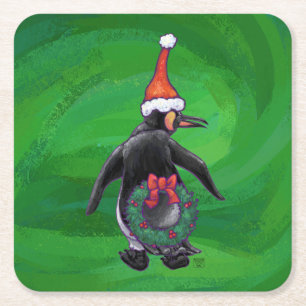 Posavasos Cuadrado De Papel Pingüino de vacaciones festivas en verde
