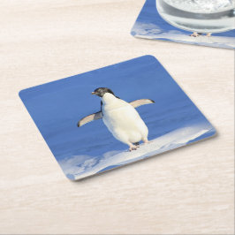 Posavasos Cuadrado De Papel Pingüino gracioso en foto de hielo