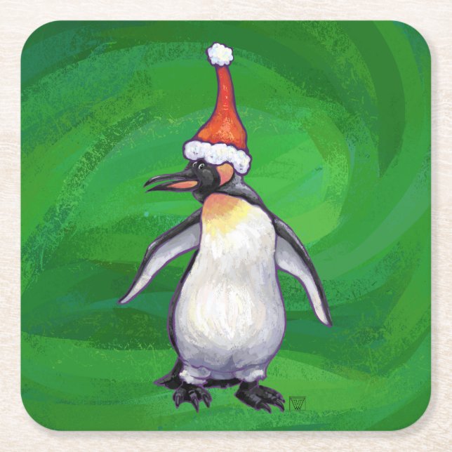Posavasos Cuadrado De Papel Pingüino lindo en Sombrero de Santa (Anverso)