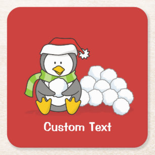 Posavasos Cuadrado De Papel Pingüino navidad sentado con bolas de nieve