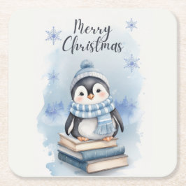 Posavasos Cuadrado De Papel Pingüino Navidades de acuarela