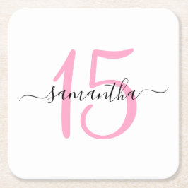 Posavasos Cuadrado De Papel Pink 15º cumpleaños personalizado