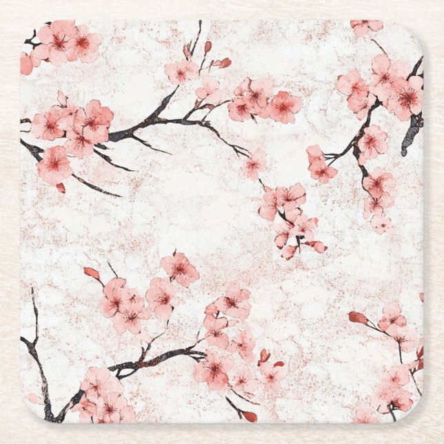Posavasos Cuadrado De Papel Pink and White Cherry Blossoms on Navy Blue Custom (Anverso)
