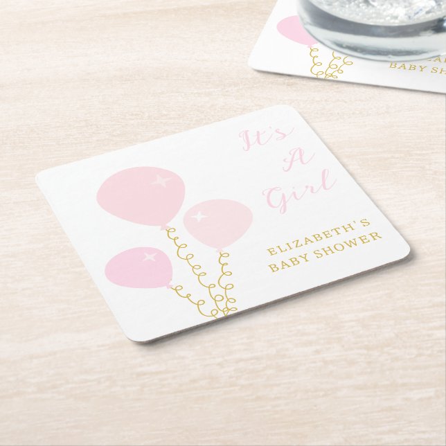 Posavasos Cuadrado De Papel Pink Balloons Girl Baby Shower (En perspectiva)