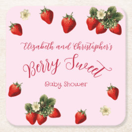 Posavasos Cuadrado De Papel Pink Berry Sweet Red Strawberry Girl Baby Shower