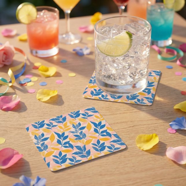 Posavasos Cuadrado De Papel Pink, Blue, and Yellow Lithograph Floral Wedding (Pink, Blue, and Yellow Lithograph Floral Wedding Square Paper Coaster)