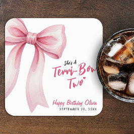 Posavasos Cuadrado De Papel Pink Bow Girls 2nd Birthday Party Terrible Two