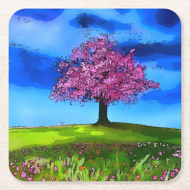 Posavasos Cuadrado De Papel Pink Cherry Tree (Anverso)