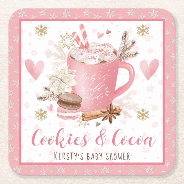 Posavasos Cuadrado De Papel Pink Cookies and Cocoa Baby Shower (Anverso)