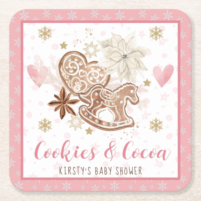 Posavasos Cuadrado De Papel Pink Cookies and Cocoa Baby Shower (Anverso)