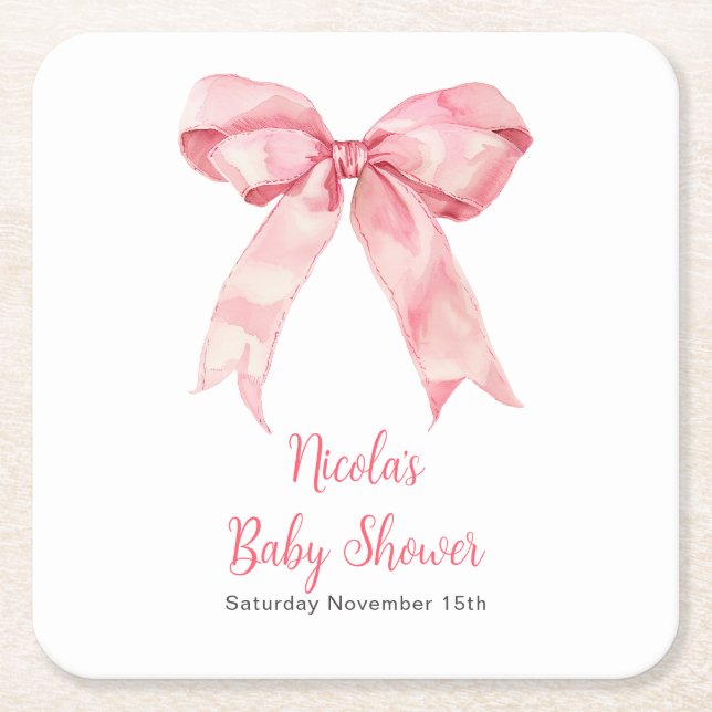 Posavasos Cuadrado De Papel Pink Coquette Bow Baby Shower (Anverso)