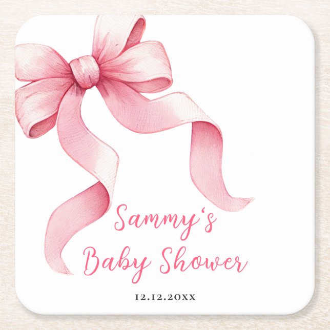 Posavasos Cuadrado De Papel Pink Coquette Bow Baby Shower (Anverso)