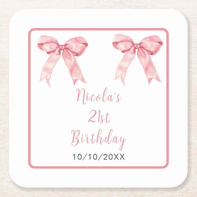 Posavasos Cuadrado De Papel Pink Coquette Bow Birthday Party (Anverso)