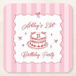 Posavasos Cuadrado De Papel Pink Coquette Striped Vintage Hand Drawn Birthday
