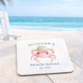 Posavasos Cuadrado De Papel Pink Crab Navy Blue Script Coastal Beach House