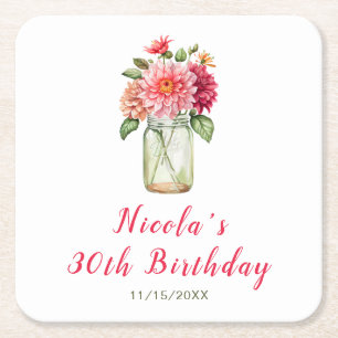 Posavasos Cuadrado De Papel Pink Dahlias Mason Jar Birthday Party