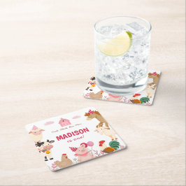 Posavasos Cuadrado De Papel Pink Farm Animal Barn Temática fiesta de cumpleaño