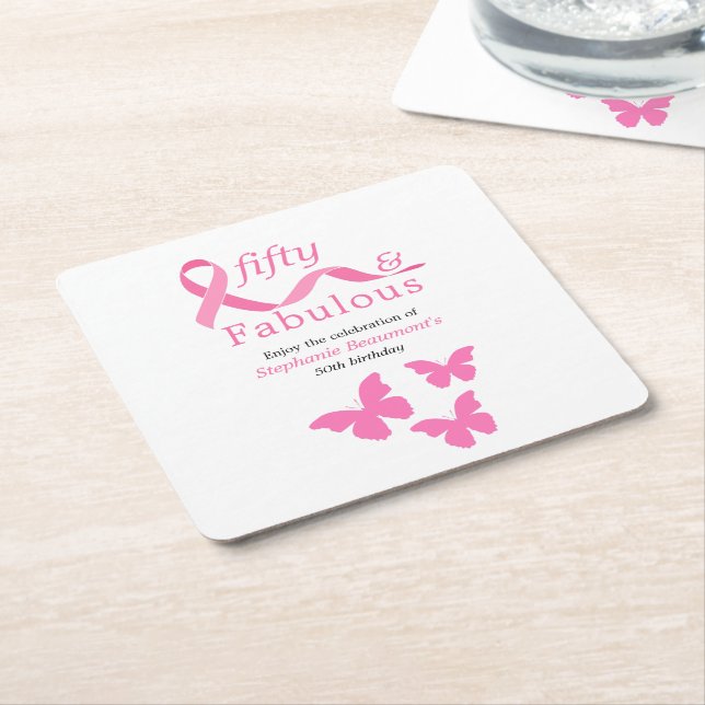 Posavasos Cuadrado De Papel Pink Fifty Fabulous Fighting Cancer 50th Birthday (En perspectiva)