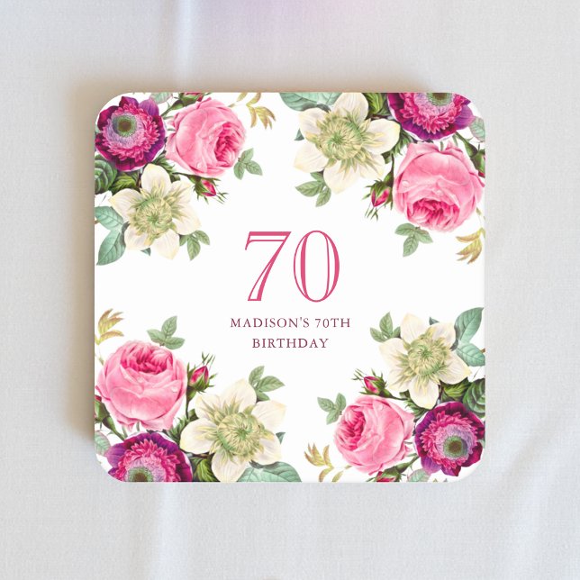 Posavasos Cuadrado De Papel Pink Floral 70 cumpleaños (Subido por el creador)