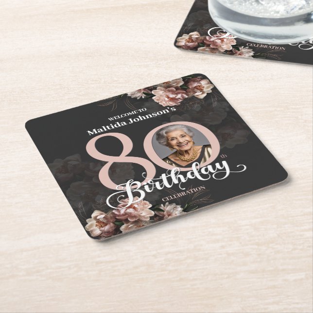 Posavasos Cuadrado De Papel Pink Floral 80th Birthday (En perspectiva)