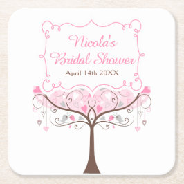 Posavasos Cuadrado De Papel Pink Floral Bird Bridal Shower 